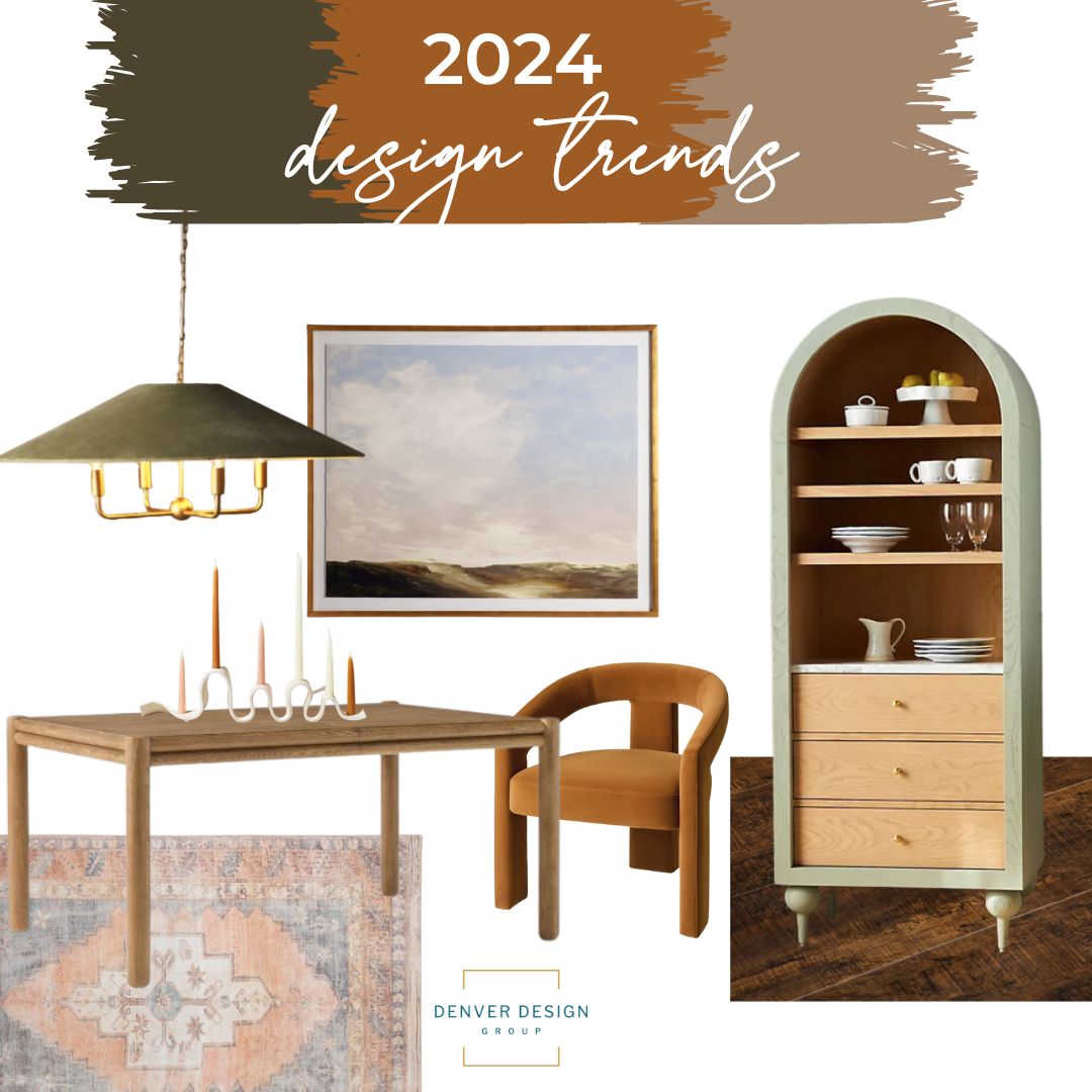 2024 design trends guide featuring earth tones, sustainable materials, and curved furniture for home design.